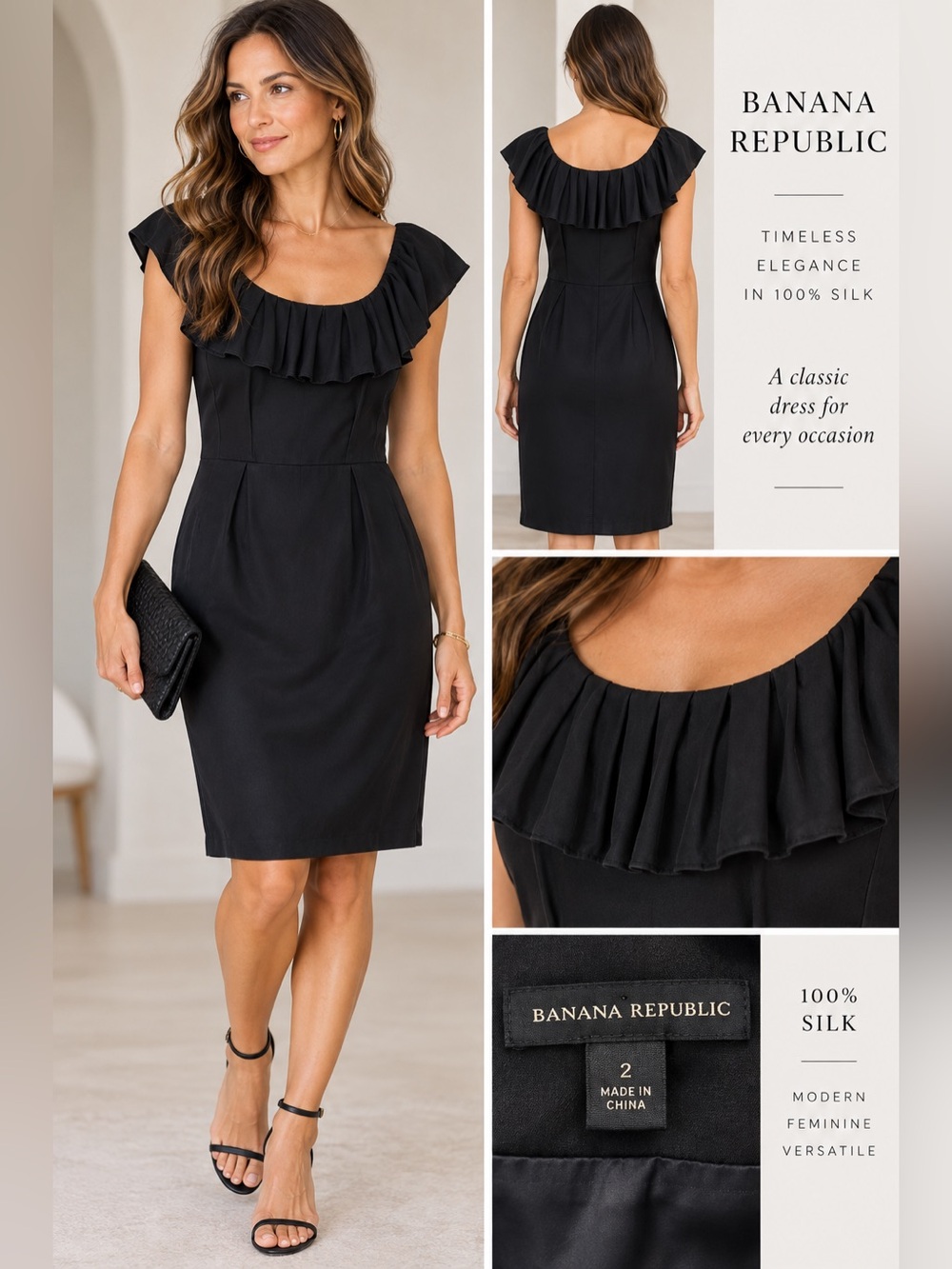 Banana Republic Black Ruffle-Neck Silk Midi Dress Size 2 Quiet Luxury Cocktail
